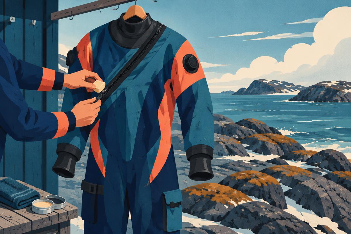Illustration of a drysuit laid out on a workshop bench by the coast